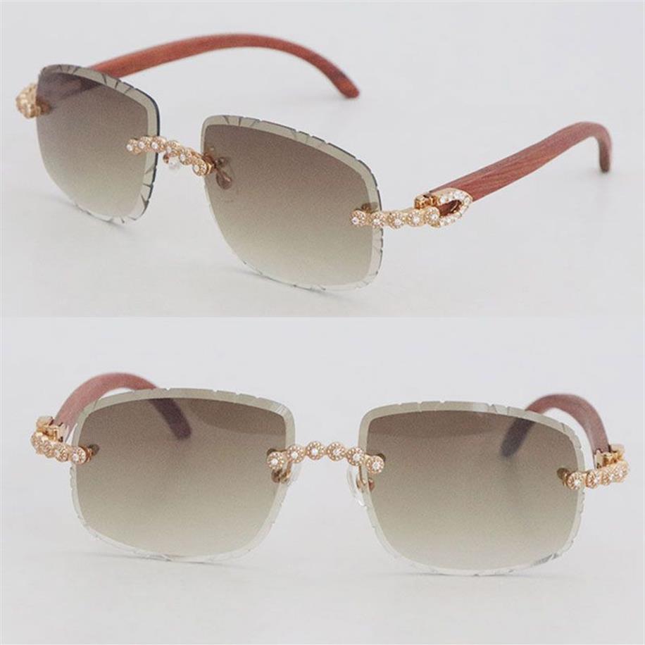 Designer Moissanite Diamond Set Rimless Sunglasses Womans Design Original Wood Men Glasses Oval Shape Face Carved lens Big Stones 299S