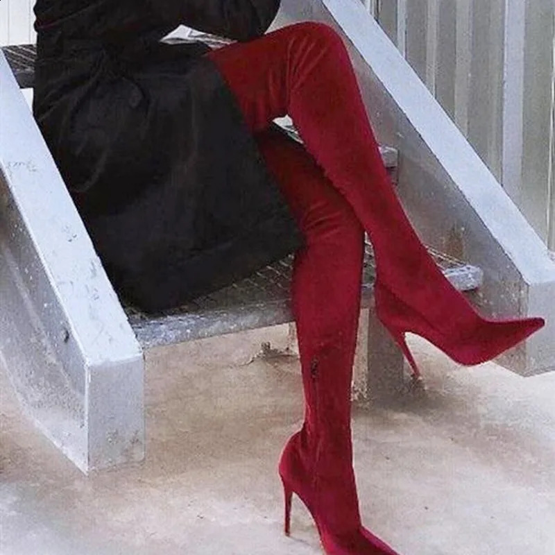 Robe chaussures femme daim bottes à talons hauts couleur unie sur le genou mode grande taille bout pointu stiletto femme 231214
