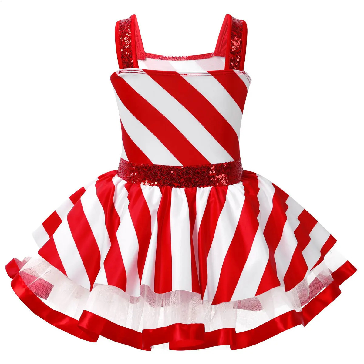 Robes de fille Enfants Filles Candy Cane Mme Santa Claus Costume Brillant Paillettes De Noël Danse Figure Patinage Sur Glace Tutu Robe Justaucorps Dancewear 231214