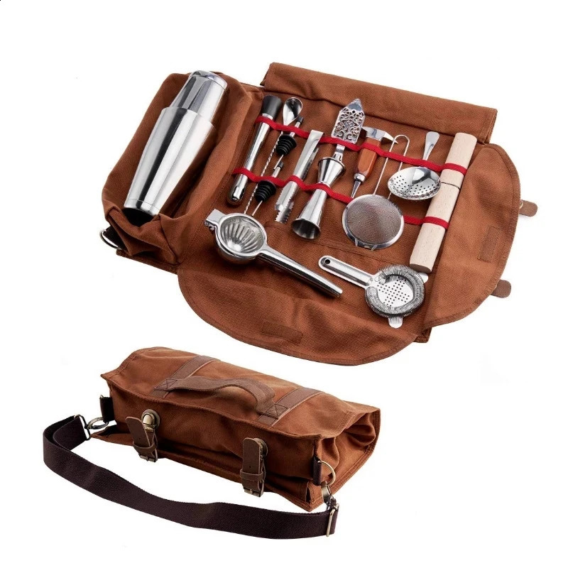 Outils de bar Sac de transport pour barman de bar Kit d'outils en toile pour barman créatif Pack d'outils de bar Ensemble de shaker à cocktail Sac de rangement Accessoires pour le vin uniquement 231214