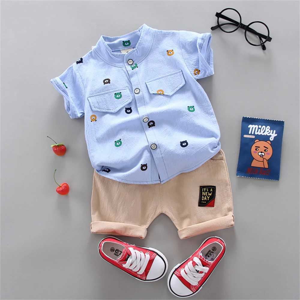 Clothing Sets Infant and Toddler Summer Fashion Full Body Cartoon Small Chest Penetrating Pattern Random Print Pocket Shirt Shorts Set