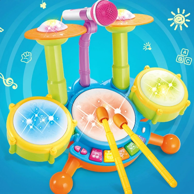 Claviers Piano Enfants Ensemble de batterie Jouets d'instruments de musique Ensemble de batterie pour les tout-petits 1-3 Jouets musicaux éducatifs Microphone de travail pour bébés 231214