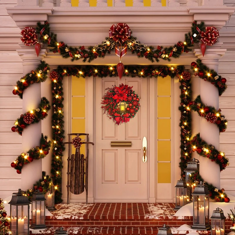 Другие товары для вечеринок 45 СМ Рождественский венок для двери с подсветкой Домашний Рождественский декор двери и окна с бантиком Большой красный цветок Навидад Декор в канун года 231214