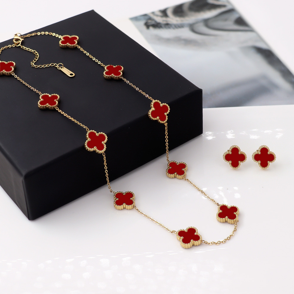 18K Gold Plated Necklace designer for woman four leaf Clover Necklace and earrings Fashion Red agate Necklace Wedding Party Jewelry gift Combination suit