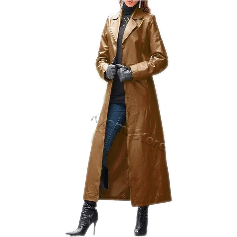 Veste en simili cuir pour femme vêtements longs Streetwear couleur unie Steampunk gothique revers motard S5XL femme Trench Coat 231214