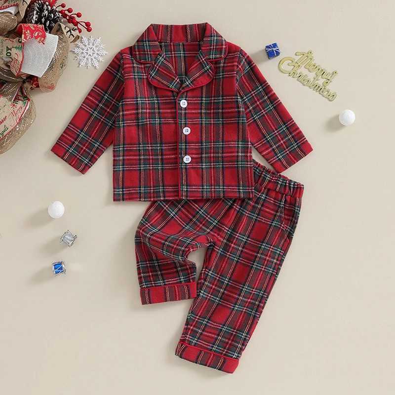 Bekleidungssets Weihnachts-Pyjama-Set für Kinder mit Karomuster, geknöpftem Langarmshirt und elastischer Hose, Loungewear-Nachtwäsche R231215