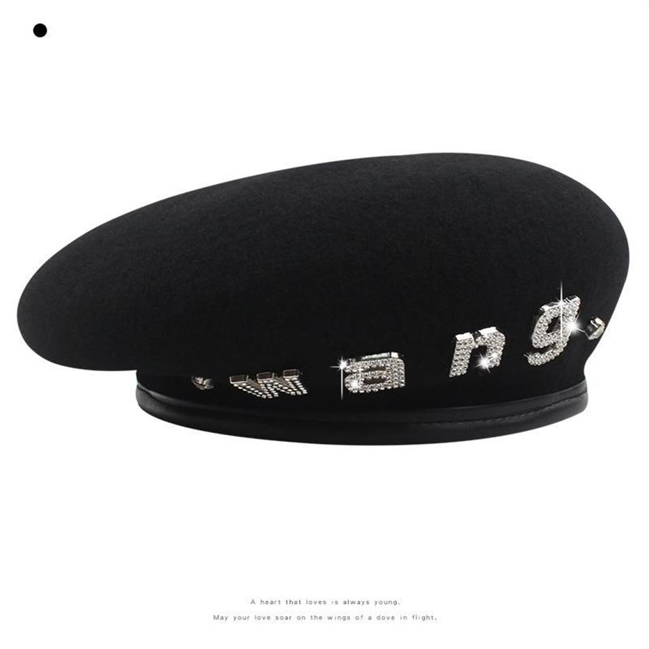 Berets inverno cor sólida designer marca letras pretas strass feminino boina casual pintor chapéu famoso elegante hatberets beretsb194u