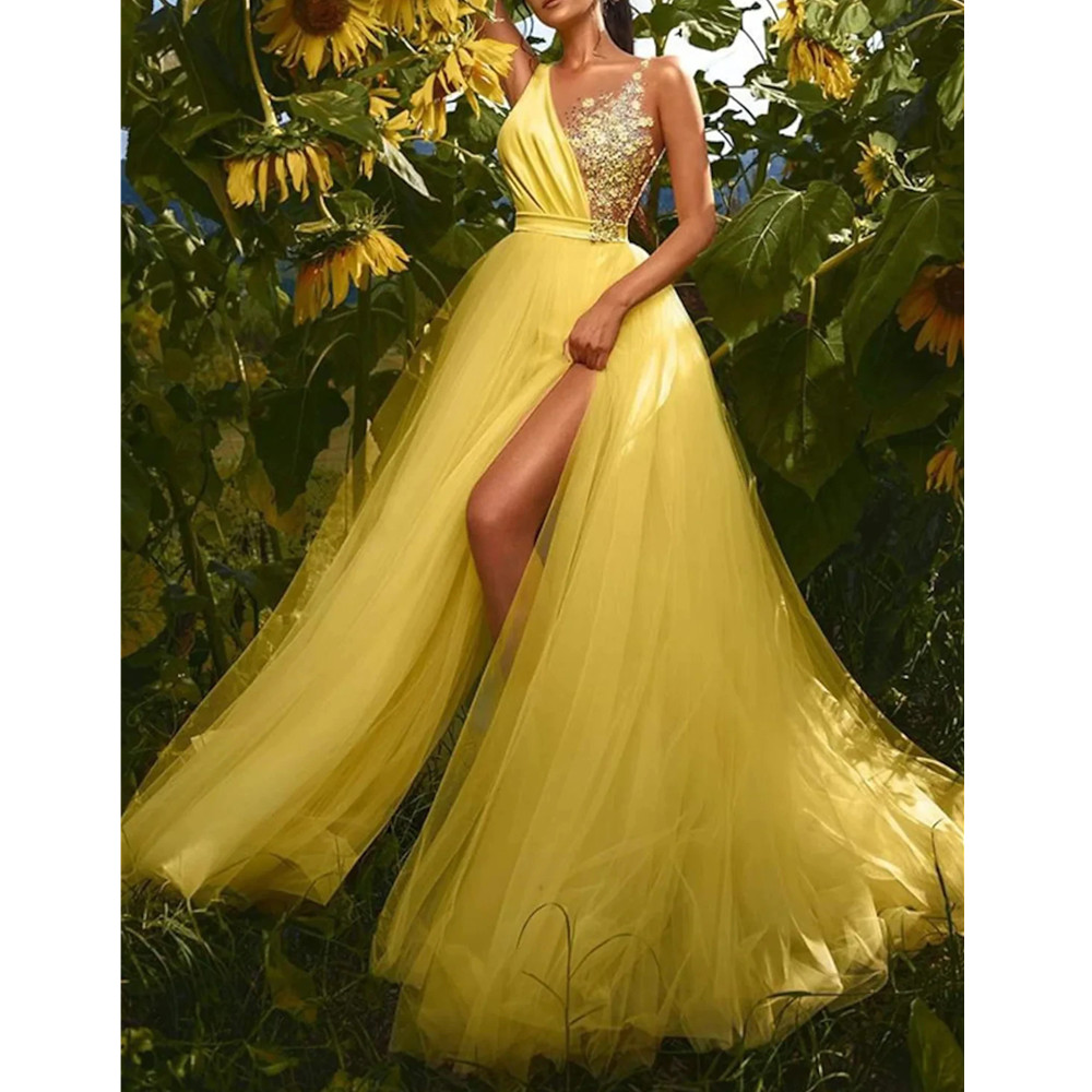 Sexy Daffodil A-line Prom Dress Sleeveless V Neck Flowers Tulle Evening Formal Engagement Gowns Arabic Dubai Robe De Soiree