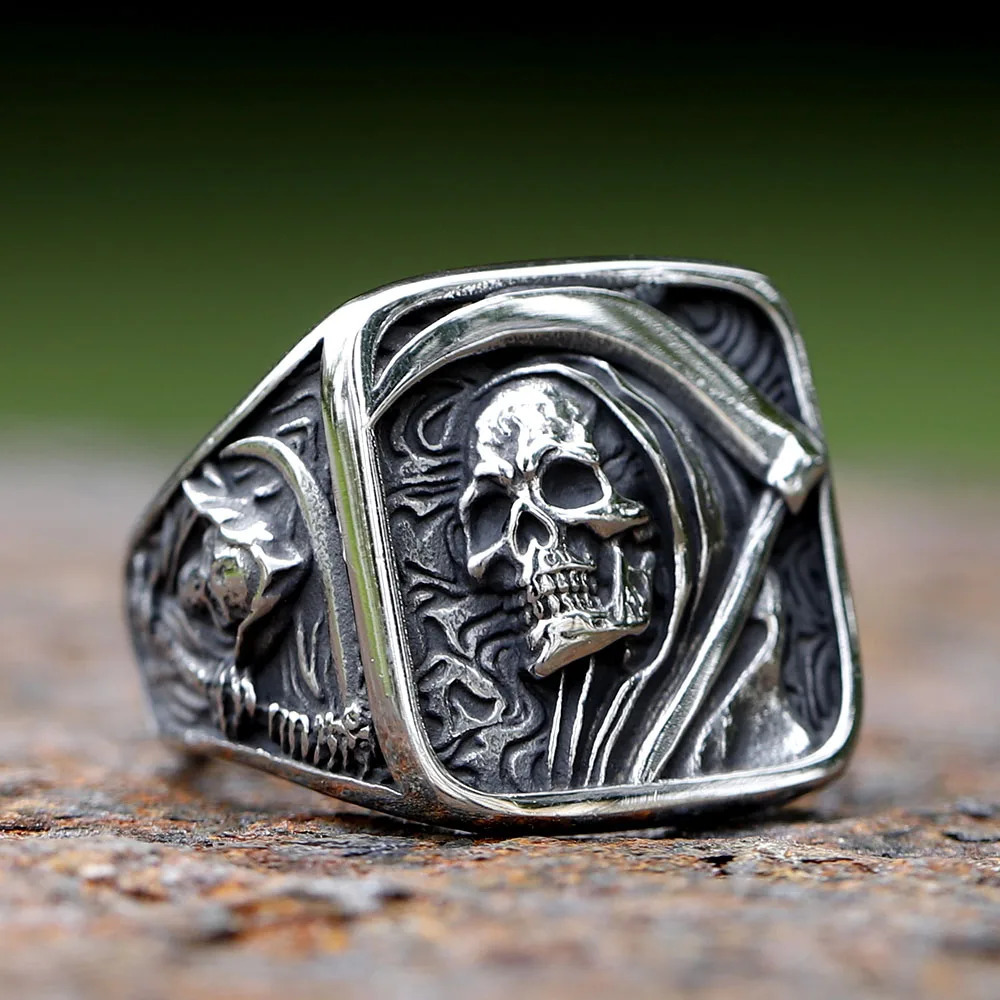 Trouwringen Retro Heren 316L Roestvrij Stalen Ring Heren Death Sikkel Dominerende Schedel Ring Heren Hip Hop Punk Partij sieraden Geschenken 231214