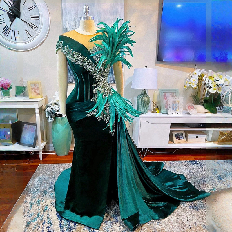 Hunter Green Feather Aso Ebi Prom Dresses Velvet Luxurious Mermaid High Split Evening Formal Gowns for Special Occasions African Arabic Gowns Birthday Party NL006