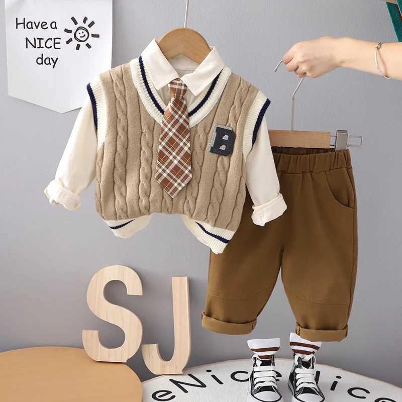 Clothing Sets 2023 Autumn Winter Baby Boy Clothes 1 To 5 Years V-neck Sleeveless Sweater Vest + Shirts + Pants Outfits Childrens Clothing Set R231215