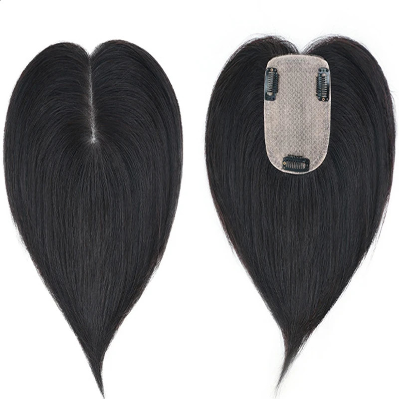 Perruques synthétiques Base de soie respirante Topper de cheveux humains avec 4 clips en haut toupet européen vierge pour femmes postiche fine 15x17cm 231214