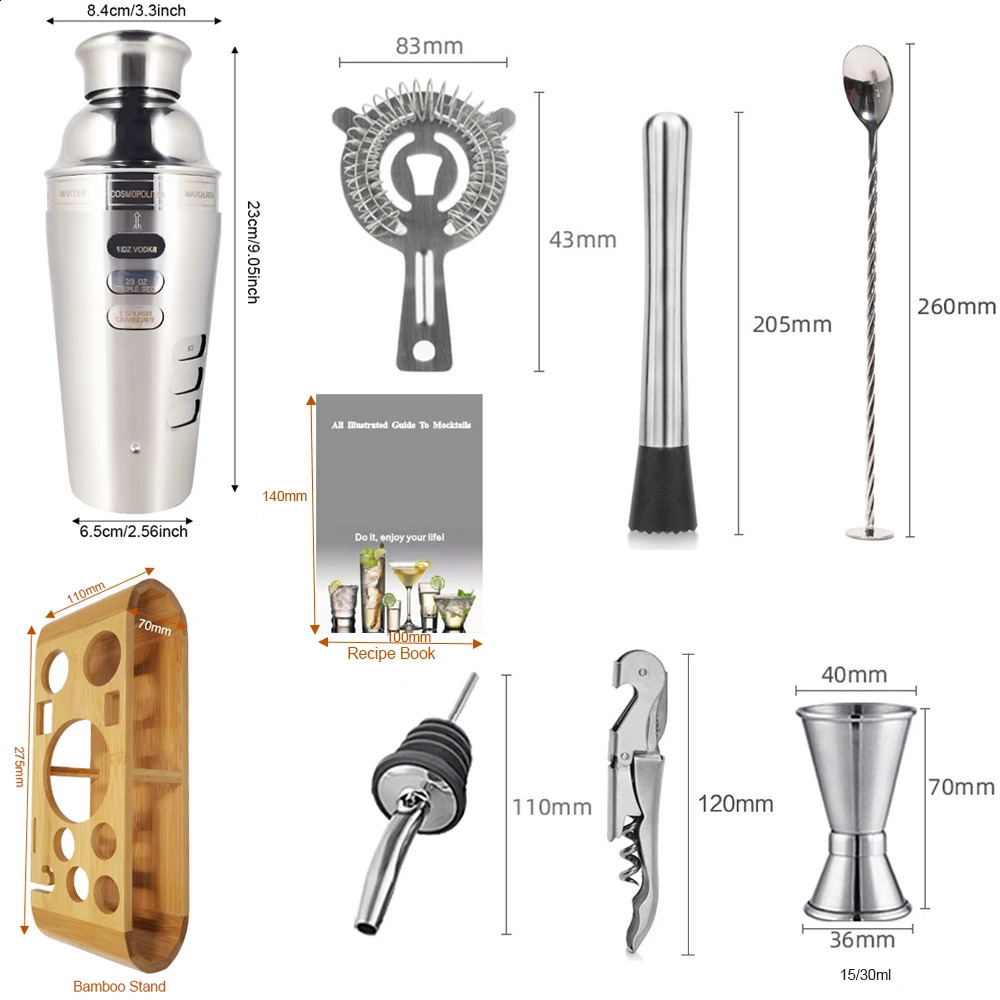 Outils de bar 12 pièces Boston Cocktail Shaker Bar outils ensemble Barware barman Shakers Kit Jigger mélangeur Muddler verseur cuillère avec support en bambou 231214