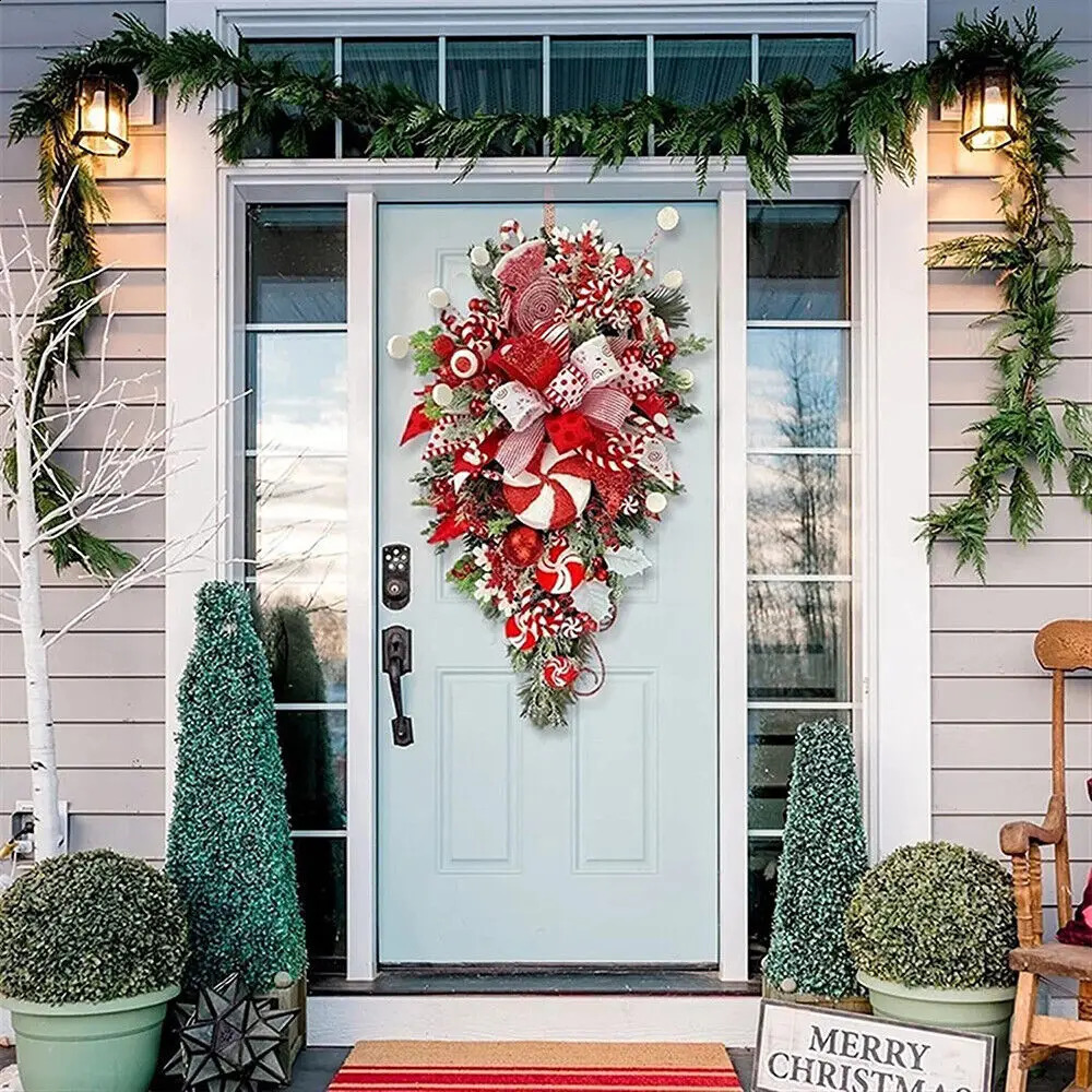 Weihnachtsdekorationen, Weihnachtskranz, Girlande, Zuckerstange, Schleife, Ornament, Weihnachten, Haustür, zum Aufhängen an der Wand, Heimdekoration 231214