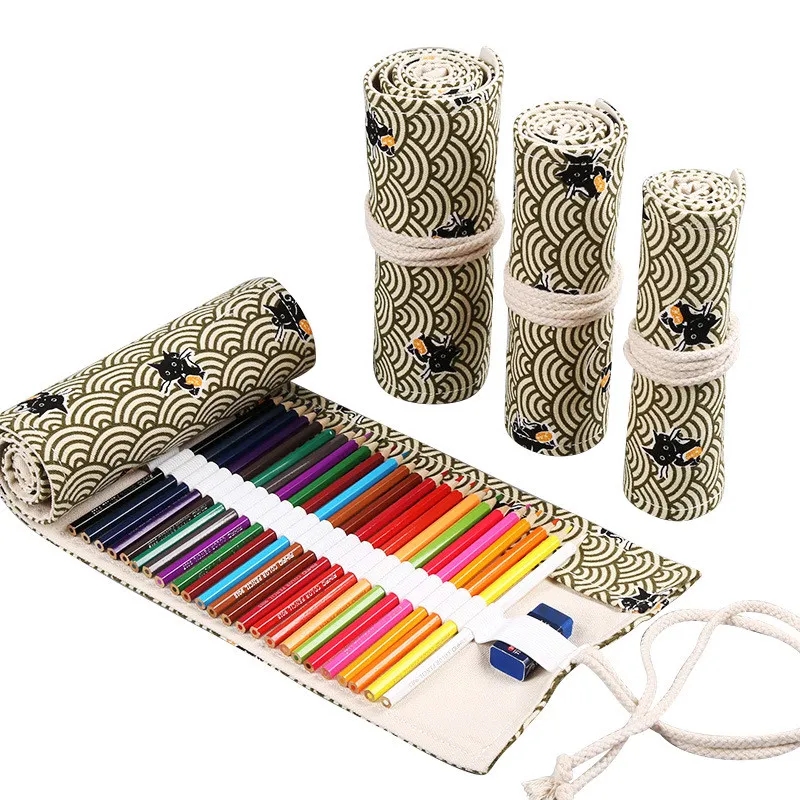 Partihandel 12 Roll School Pencil Bag Canvas penna gardin stor kapacitet blyertspåse målare student rullar penna väska