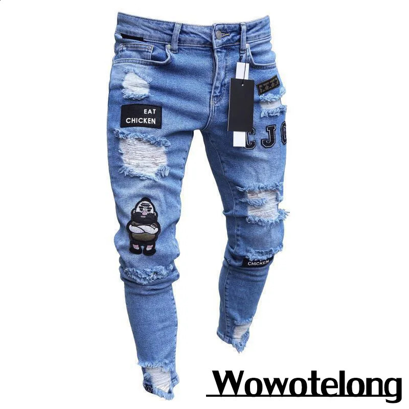 Pantalones para hombres 2023 Bordado blanco Skinny Ripped Jeans Hombres Algodón Elástico Slim Fit Hip Hop Denim Casual para jogging Pantalones 231214