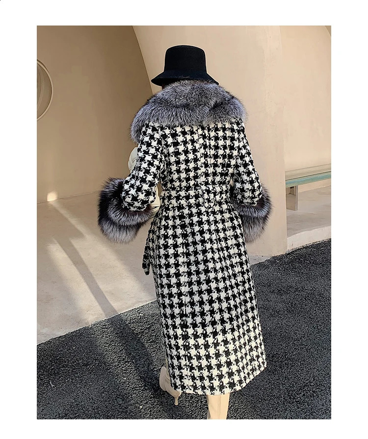 Pelliccia da donna Pelliccia sintetica da donna Misto lana scozzese Cappotto di vera pelliccia X-lungo Giacca invernale Super large Collo di pelliccia di volpe Polsini Tweed Cintura sottile da donna Spessa calda 231214