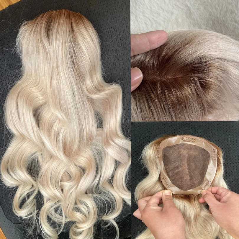 Synthetische pruiken 6-20 inch ombre kleur menselijk haar topper blond PU mono basis 100 remy stuk huid clip in 4 613 toupet voor vrouwen 231214