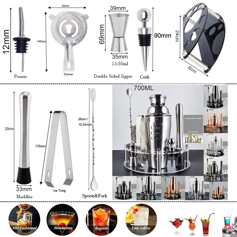 Outils de bar 1-10 pièces 750/550 ml Boston Cocktail Shaker ensemble barman Kit outils 25/18 oz en acier inoxydable Martini Shaker avec livret de recettes 231214