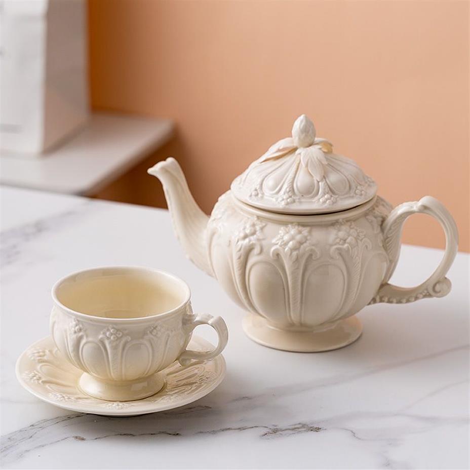 Milky Embossed Ceramic Pot Coffee Cup Saucer Creative European Afternoon Tea Teapot Teacup Simple White Porcelain246B