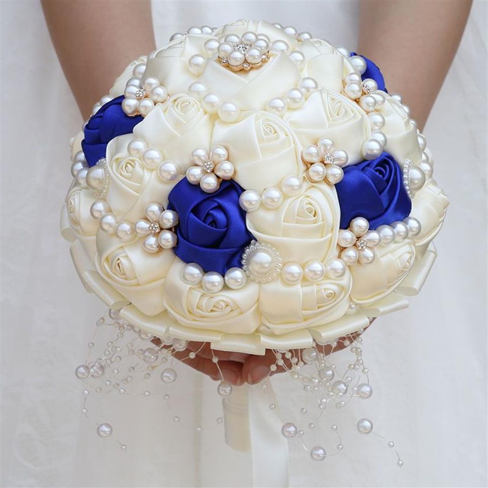 El yapımı fildişi Royal Blue Gelin Boncuklu Elmas Düğün Buketleri Yapay Nedime Çiçekler Düğün Aksesuarları W234B211G