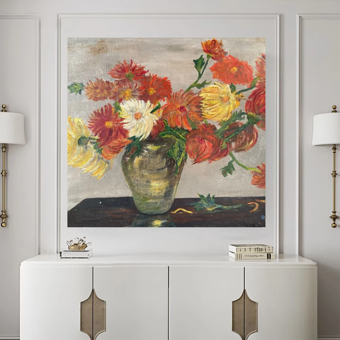 Peinture d'huile frorale vintage sur toile chrysanthémum impressionniste chrysanthemums natures d'huile morte pour cuisine, salle à manger de décoration murale de la salle à manger