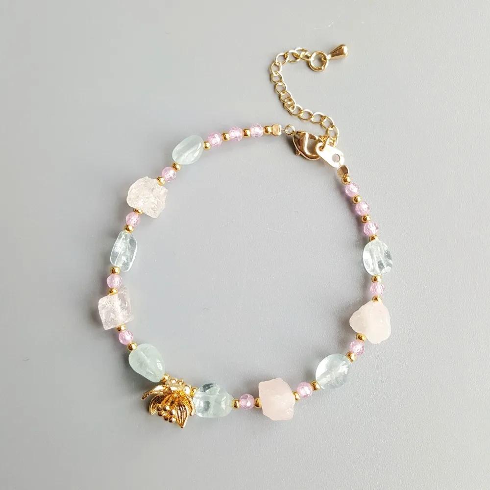 Bracelet Lii Ji véritable aigue-marine Rose Quartz Rose Zircon pierre naturelle Bracelet fleur charme bijoux délicats pour enfant ou femme