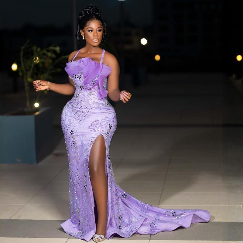 Shine luxueux violet Aso Ebi robes de bal licou perlé cristal sexy haute robe de soirée fendue pour les femmes africaines Nigeria noir femmes fête d'anniversaire robes formelles NL009