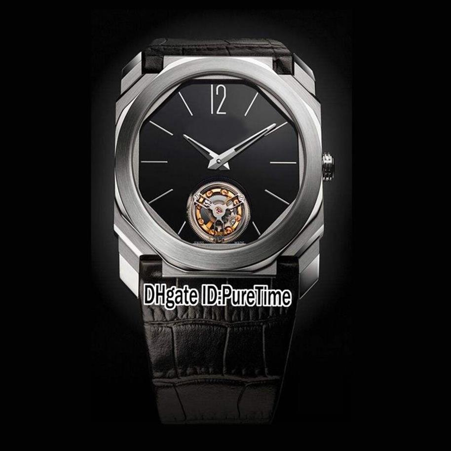 Nieuwe 42 mm Octo Finissimo Tourbillon 102560 stalen kast zwarte wijzerplaat mechanische handopwinding herenhorloge zwarte lederen band 6 kleuren Wat291Q