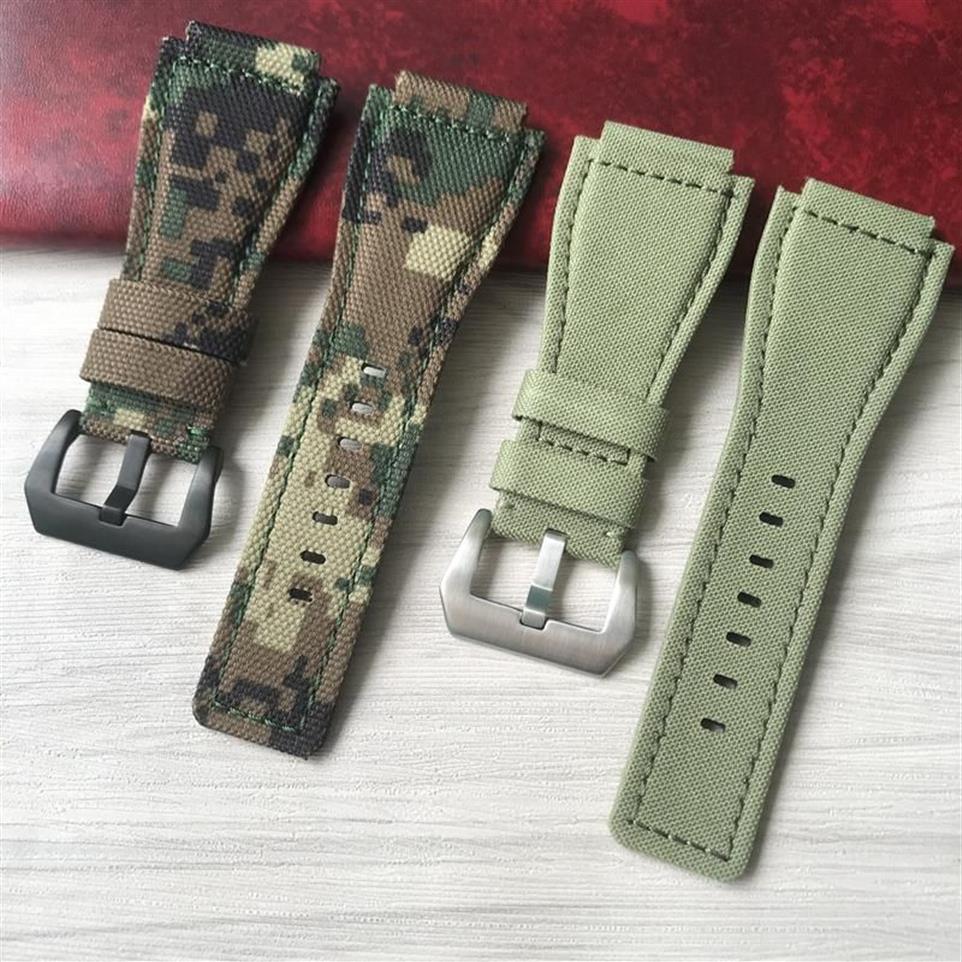 Horlogebanden Hoge kwaliteit 34mm 24mm Camo Legergroen Nylon Canvas Lederen band voor Bell Series Ross BR01 BR03 Horlogeband Armband Be261A