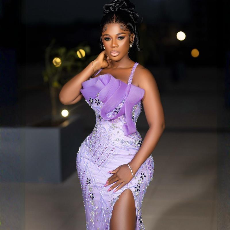 Shine luxueux violet Aso Ebi robes de bal licou perlé cristal sexy haute robe de soirée fendue pour les femmes africaines Nigeria noir femmes fête d'anniversaire robes formelles NL009