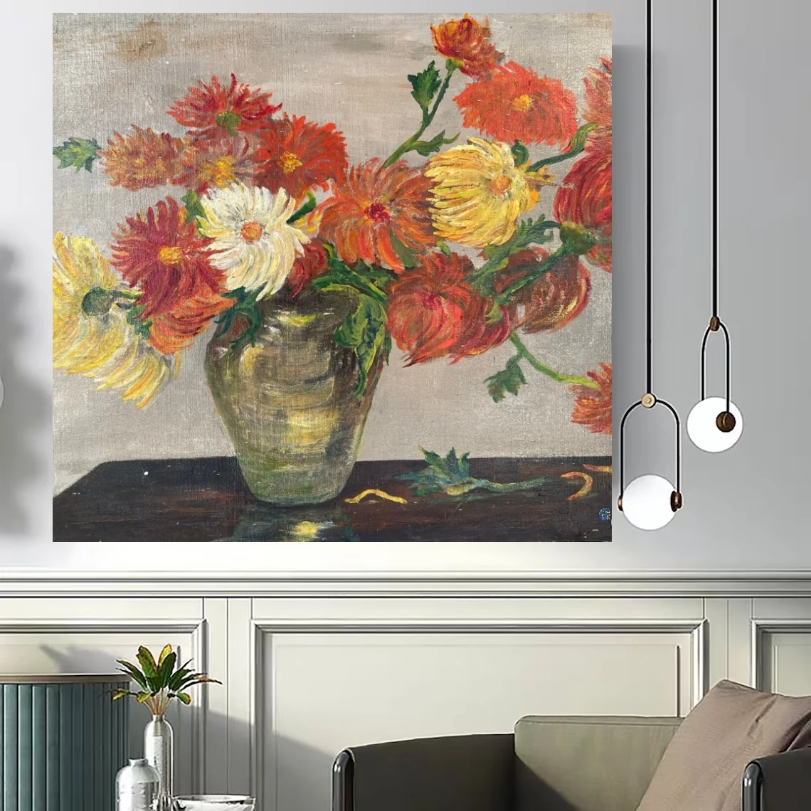 Vintage Froral Oil Painting on Canvas Impressionist Chrysanthemums Still Life Oil Art for Kitchen, Dining Room Wall Decor Hand