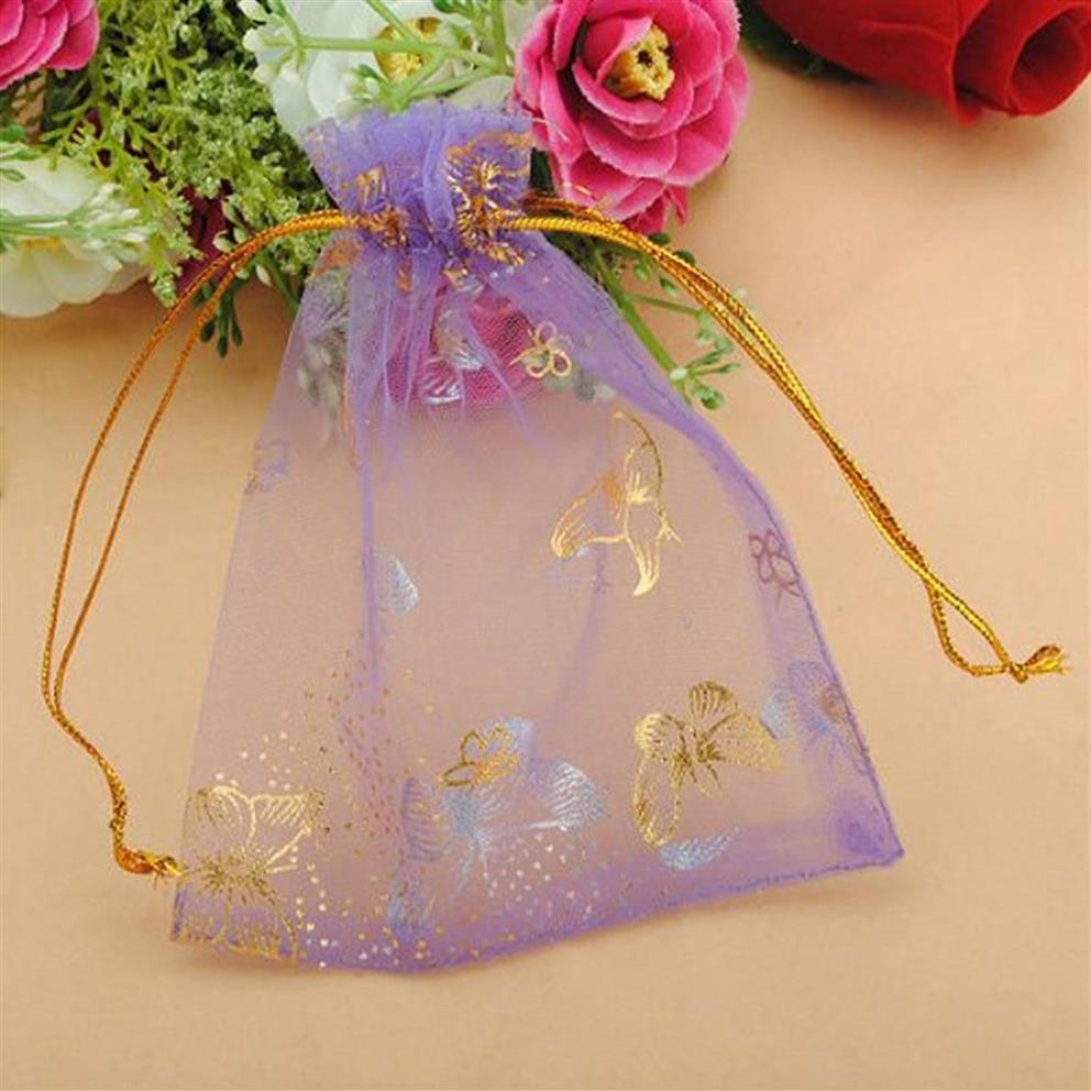 10x12cm 100 stcs Purple Butterfly Print Wedding Candy Bags Sieraden Pakken Drawable Organza Bags Party Gift Pouches321Z