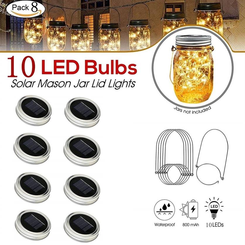 8 حزمة أضواء جرة Mason Solar مع 8 مقابض 10 LED String Fairy Lights Lids INSERT ل DECRATION SHARD DICED Y2203E