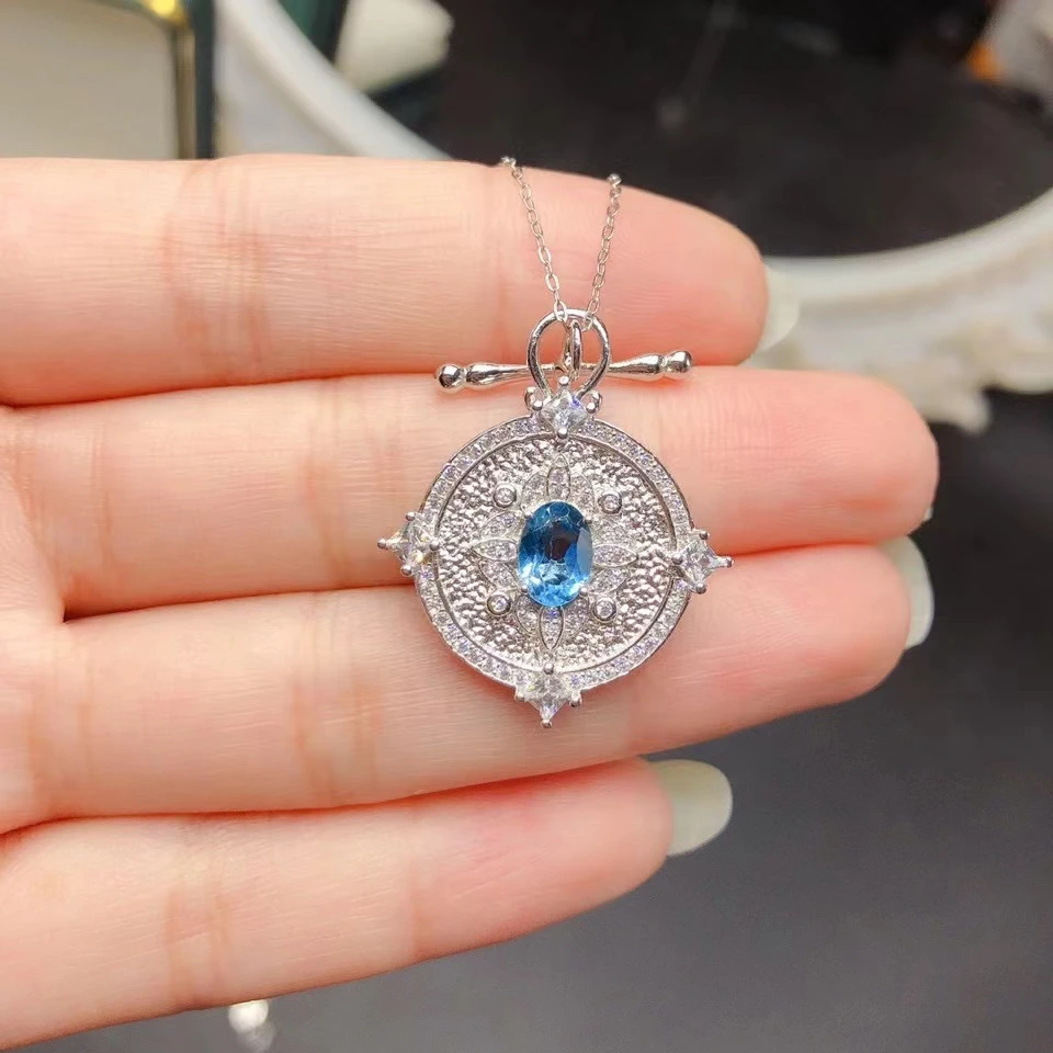 Vintage Silver Disk Pendant with Gemstone 0.7ct 5mmx7mm Natural Topaz Necklace Pendant 925 silver London Blue Topaz Jewelry