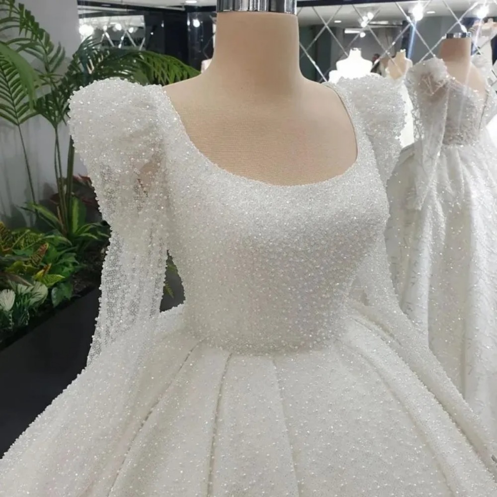 Stunningbride 2024 Sexy Square Collar Shiny Long Sleeves Ball Gown Wedding Dress Exquisite Sparkly Lace Court Train Princess Bridal Gown Customized