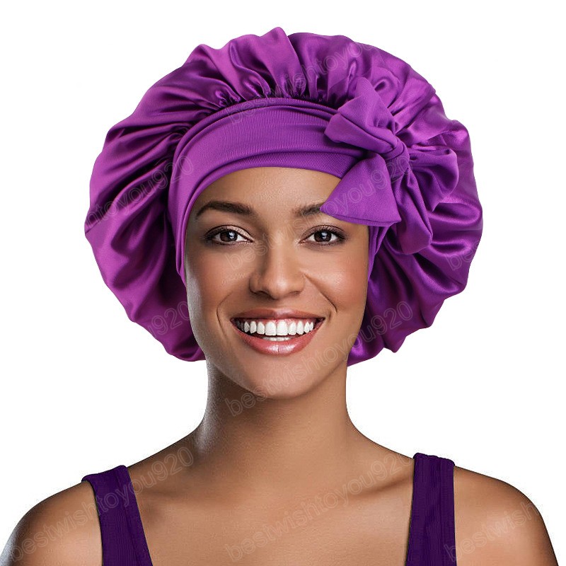 New Extra Large Women Satin Night Sleeping Cap with Head Tie Lace-up Shower Cap Hair Bonnet for Sleeping Shower Cap Adjustable