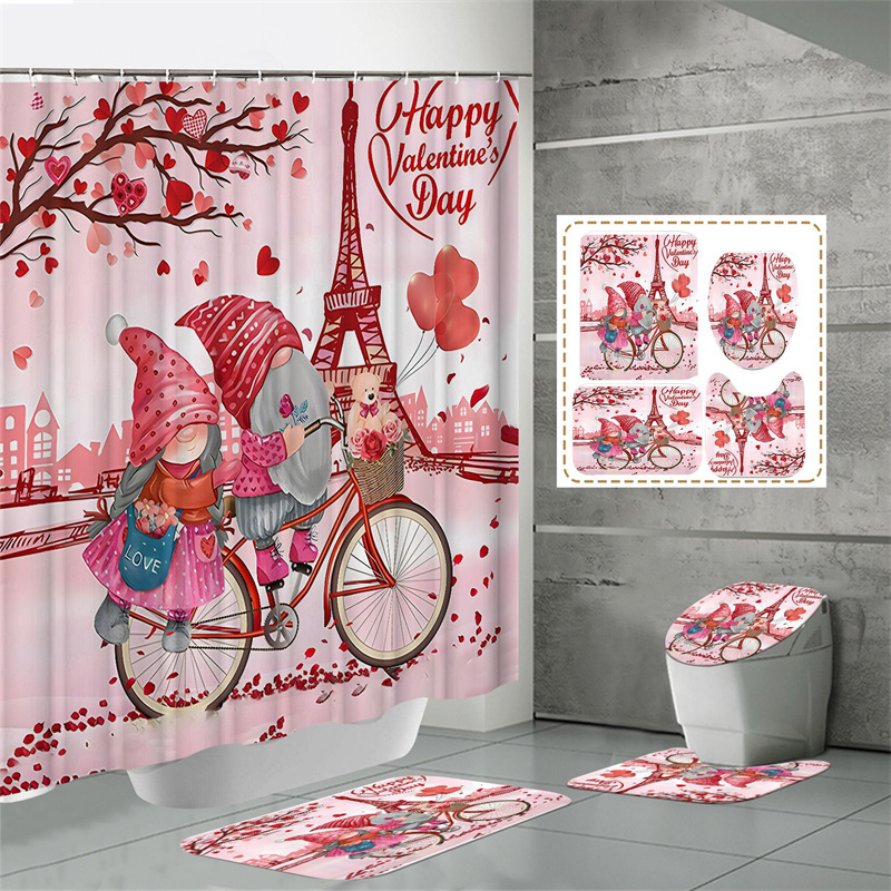 Rideaux de douche roses pour la saint-valentin, Gnomes, pour salle de bain, cœurs d'amour, arbre, rideau de bain de ferme rose