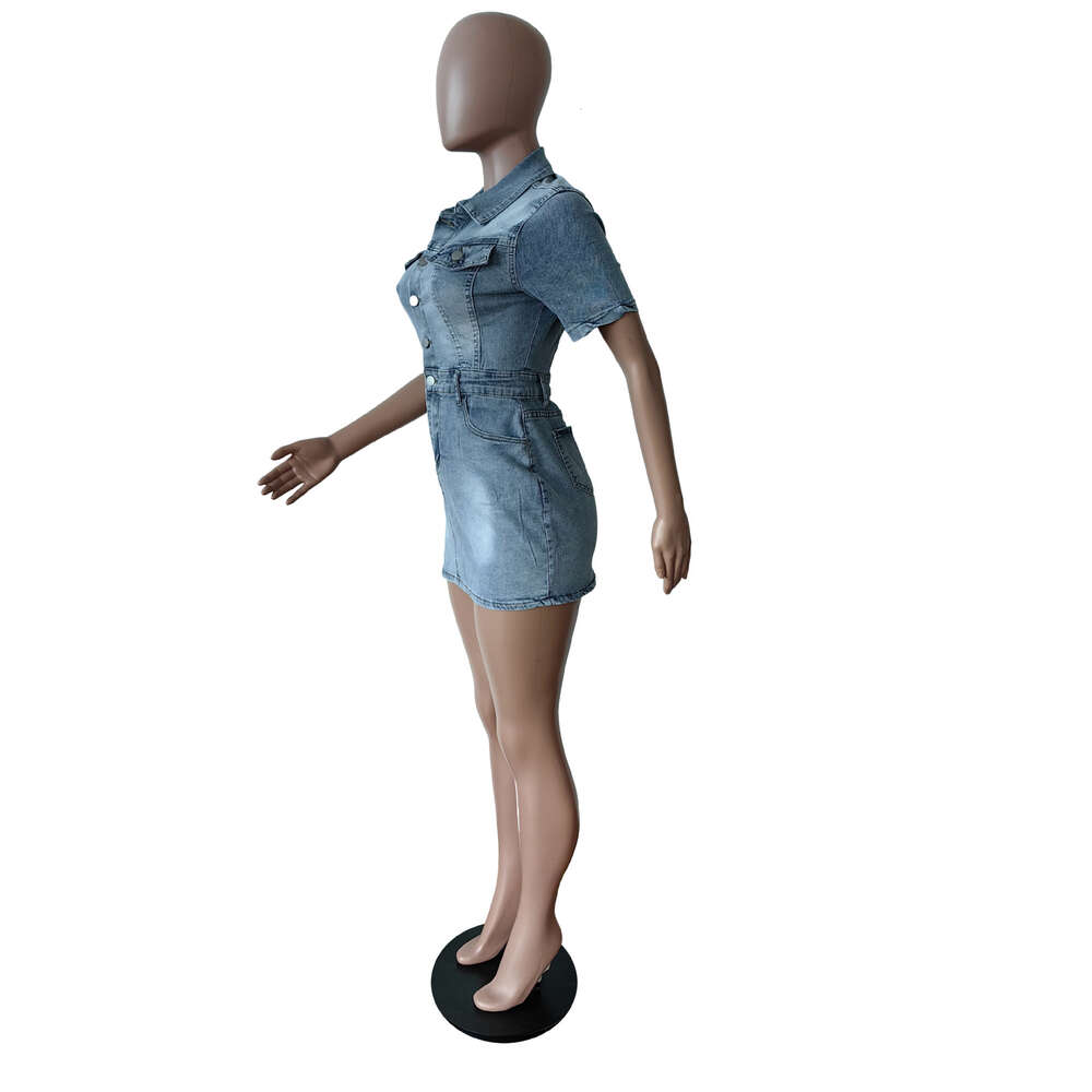 Denim klänning vestidos kort ärm enstaka breasted turn-down krage jeans bodycon mini kjol vår mode blyerts chic midi klänningar