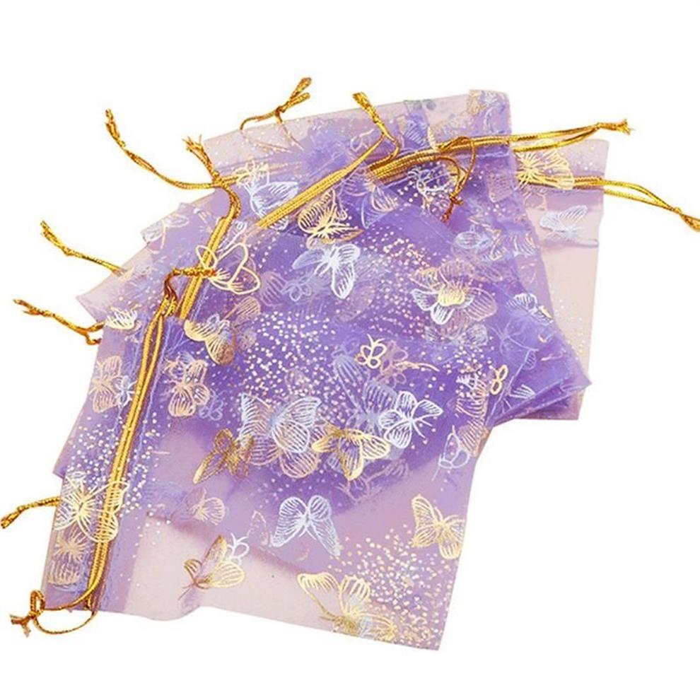 10x12cm Purple Butterfly Print Wedding Candy Bags Jewelry Packing Drawable Organza Bags Party Gift Pouches321z