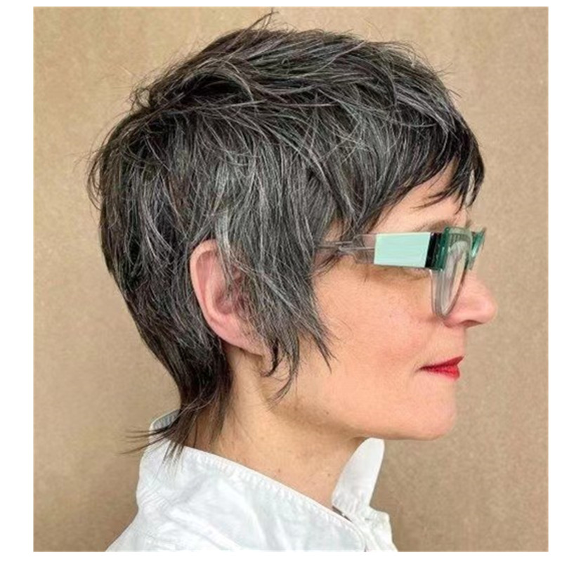 Flattering hairstyle Short grey pixie cut human hair wigs with feathered fringe and longer sideburns gray pixie mullet with bangs best oval square heart-shaped faces