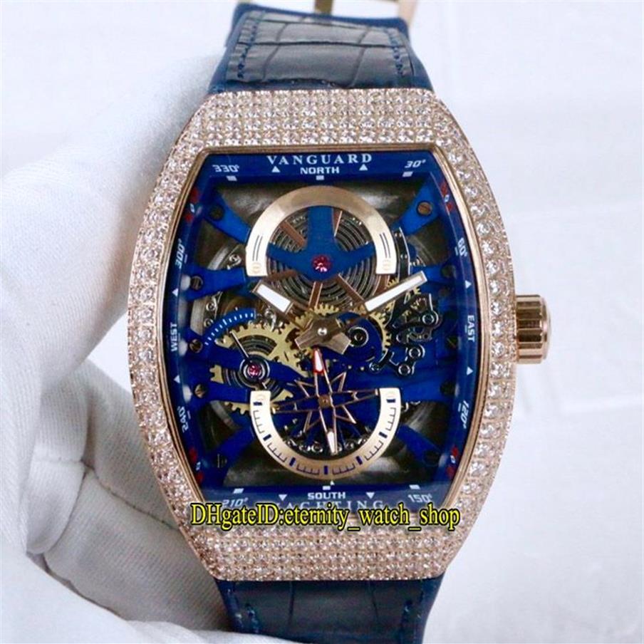 Luxry New Saratege Vanguard S6 Yachting V45 S6 Yacht Blue Skeleton Dial Miyota Automatic Mens Watch Rose Gold Diamond Case Leather220z