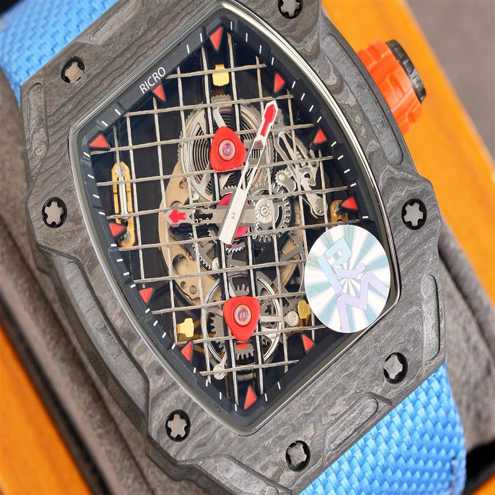 Relógio masculino master preto caixa de fibra carbono mecânica automática borboleta fivela pulseira de náilon movimento oco rico186g