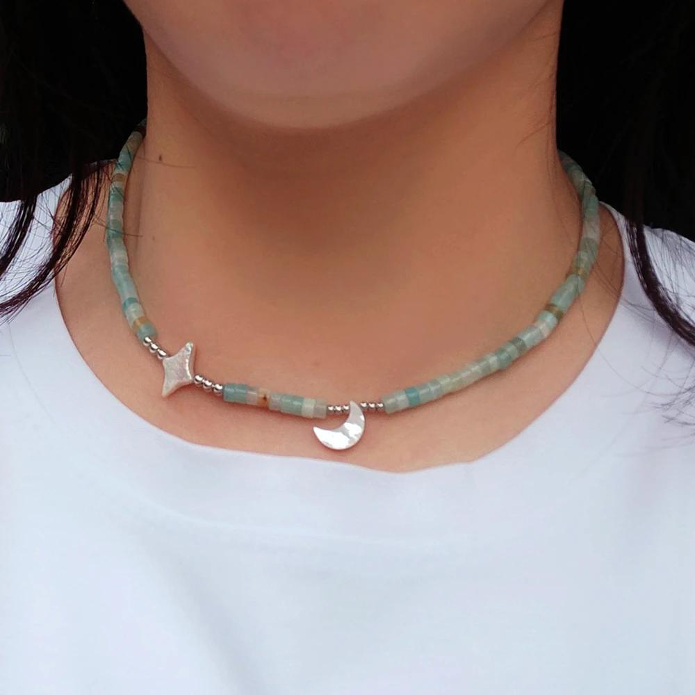 Necklaces Lii Ji Choker Necklace Collar Amazonite Pearl Shell Moon Charm Necklace 925 Sterling Silver Bohemian Women Men Jewelry Gift