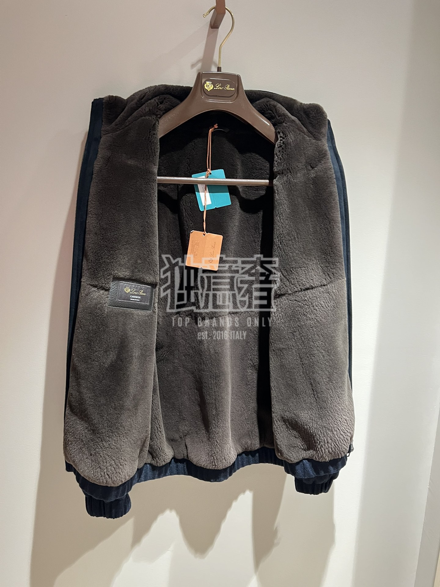 Jaquetas masculinas outono e inverno loro cashmere colarinho zíper azul escuro casaco bomber piana