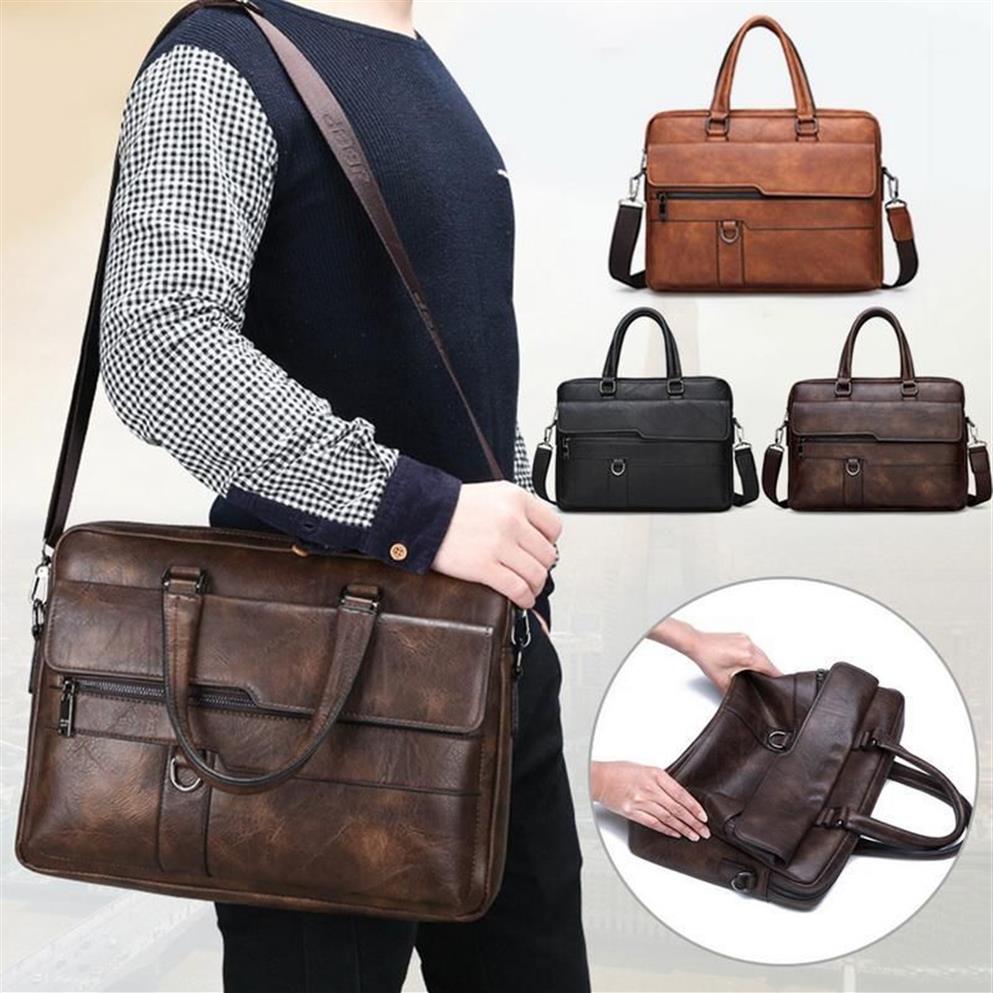 SHUJIN Retro Men PU Leather Black Briefcase Business Men Handbags Male Vintage Shoulder Messenger Bag Large Laptop Handbags1256G