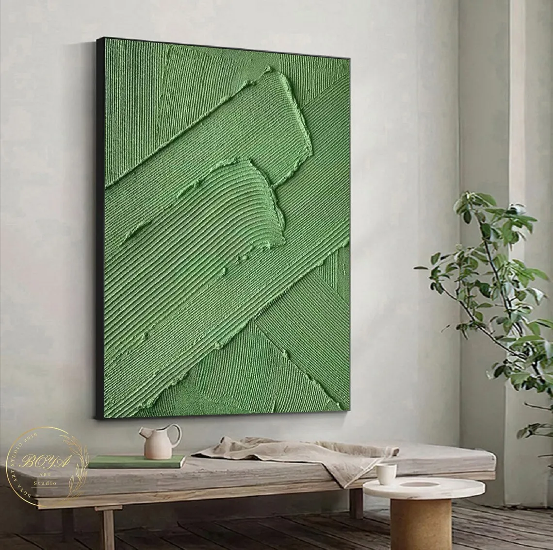 Green Minimalist Painting Thick Textured Oil Art Abstract Wall Artwork Picture for Christmas Home Decoration Handpainted