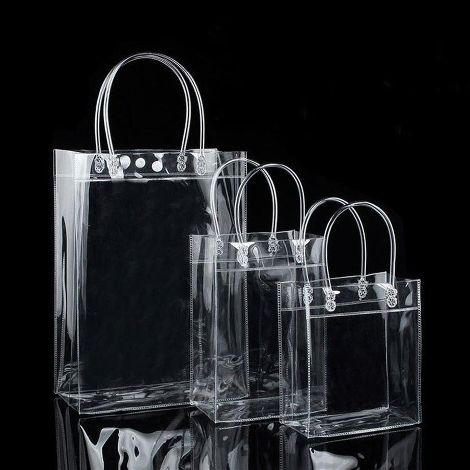 10 шт., пластиковые подарочные пакеты из ПВХ с ручками, пластиковые пакеты для упаковки вина, прозрачная сумка для вечеринок, модная сумка из полипропилена с Button181o