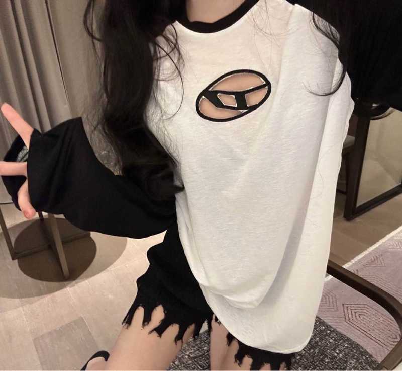 Kadın T-Shirt Tasarımcısı LuxuryNew Niş Tasarım Renk Bloketleme İçi Boş D-Litter Koruma Uzun Kollu Üst Gevşek Fit Raglan Kol T KF2S