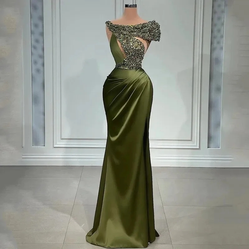 Vestidos de noite de lantejoulas brilhantes verdes verdes de oliveira fora de sereia longa Mermaid Mulheres elegantes cetim ruched Segunda recepção Party Prom Dress Vestidos cl3075